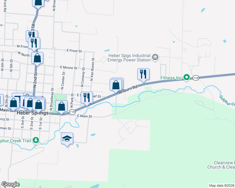 map of restaurants, bars, coffee shops, grocery stores, and more near 1849 Wilburn Road in Heber Springs