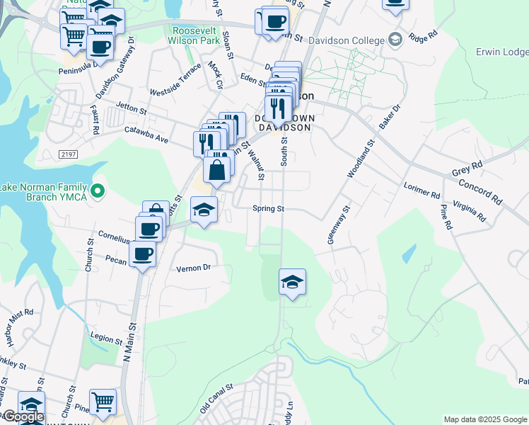 map of restaurants, bars, coffee shops, grocery stores, and more near 517 Walnut Street in Davidson