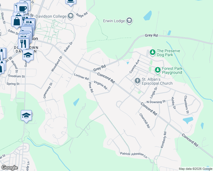 map of restaurants, bars, coffee shops, grocery stores, and more near 126 Crescent Drive in Davidson