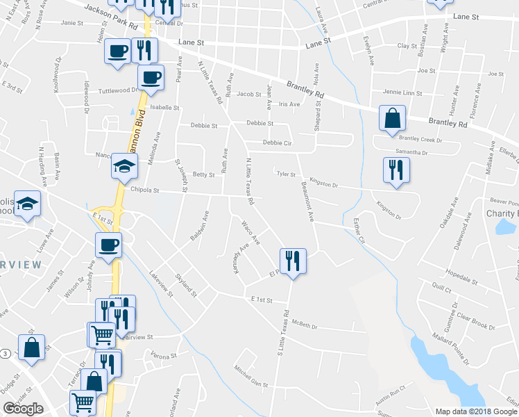 map of restaurants, bars, coffee shops, grocery stores, and more near 314 North Little Texas Road in Kannapolis