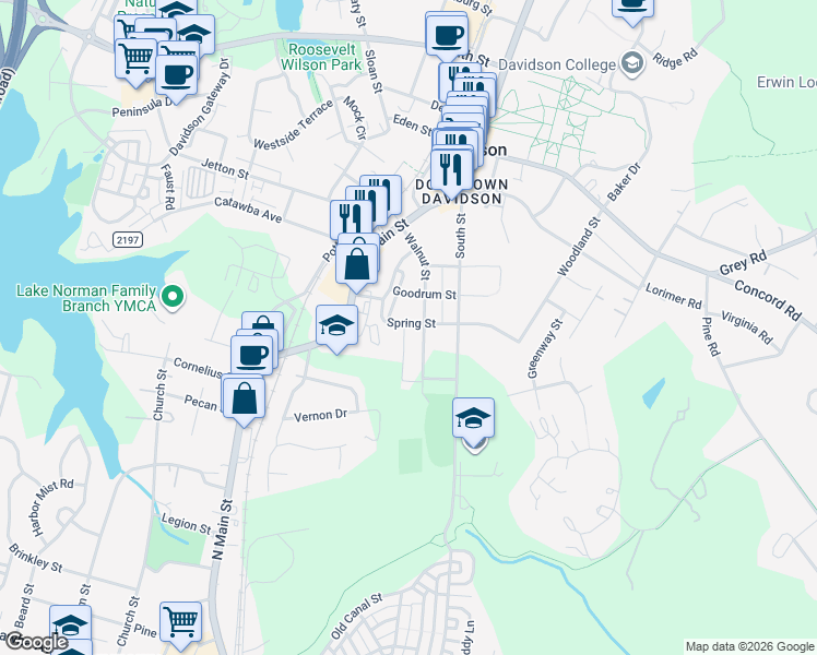map of restaurants, bars, coffee shops, grocery stores, and more near 611 James Alexander Way in Davidson