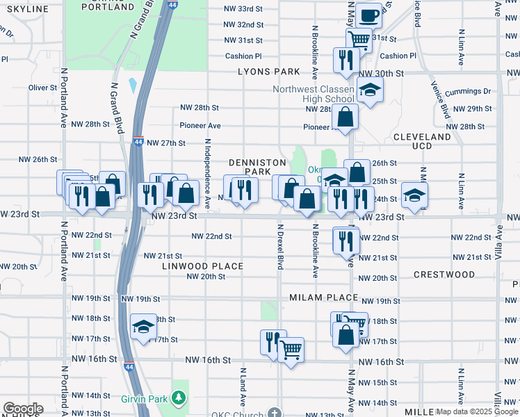 map of restaurants, bars, coffee shops, grocery stores, and more near 3129 Northwest 23rd Street in Oklahoma City