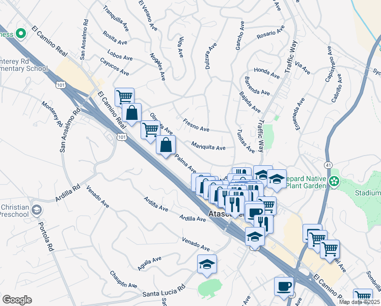 map of restaurants, bars, coffee shops, grocery stores, and more near 5372 Olmeda Avenue in Atascadero