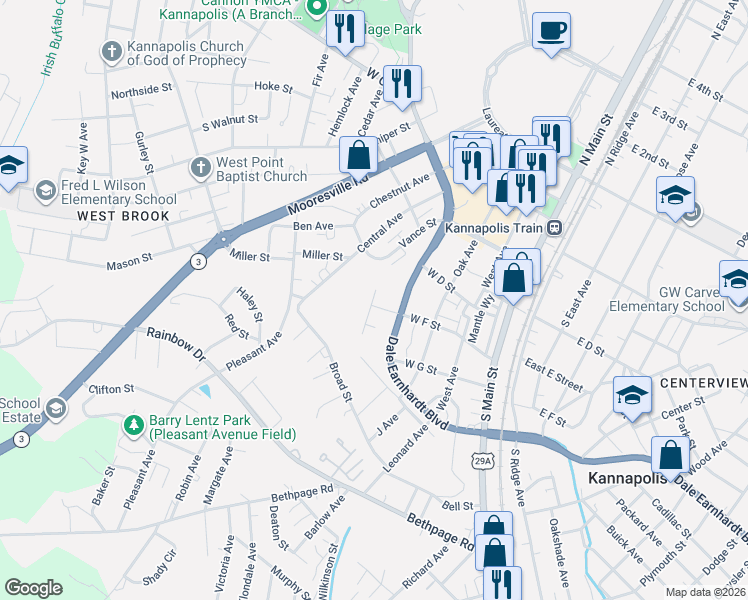 map of restaurants, bars, coffee shops, grocery stores, and more near 423 Sycamore Avenue in Kannapolis