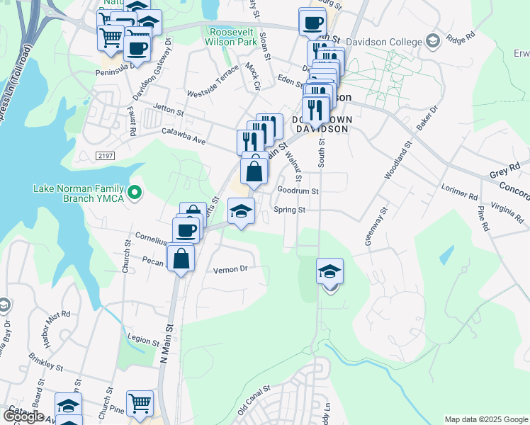 map of restaurants, bars, coffee shops, grocery stores, and more near 628 Village Main Circle in Davidson