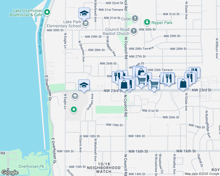 map of restaurants, bars, coffee shops, grocery stores, and more near 8085 Northwest 23rd Street in Oklahoma City