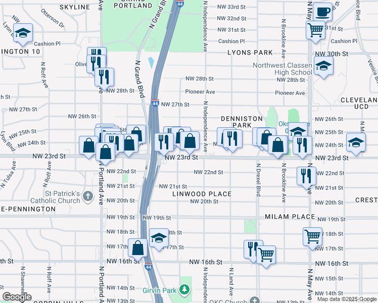 map of restaurants, bars, coffee shops, grocery stores, and more near 3342 Northwest 23rd Street in Oklahoma City
