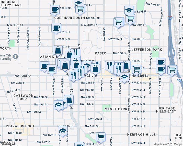 map of restaurants, bars, coffee shops, grocery stores, and more near 907 Northwest 23rd Street in Oklahoma City