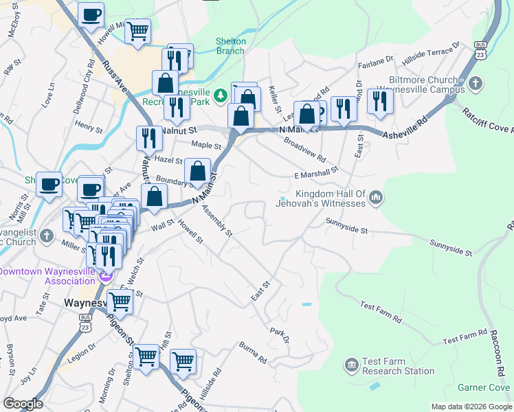 map of restaurants, bars, coffee shops, grocery stores, and more near 210 Hamer Avenue in Waynesville