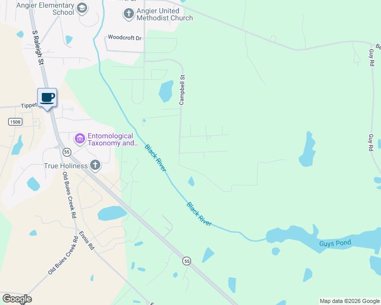 map of restaurants, bars, coffee shops, grocery stores, and more near 43 Hunters Way in Angier