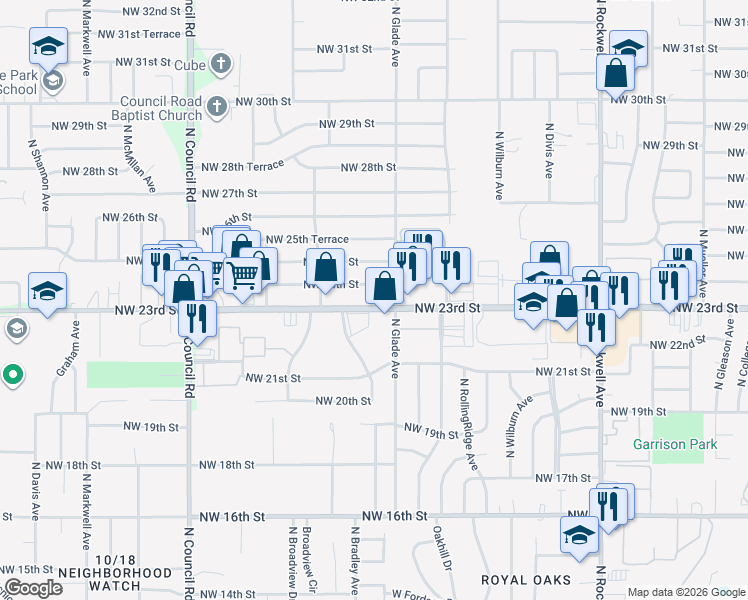 map of restaurants, bars, coffee shops, grocery stores, and more near 7530 Northwest 23rd Street in Bethany