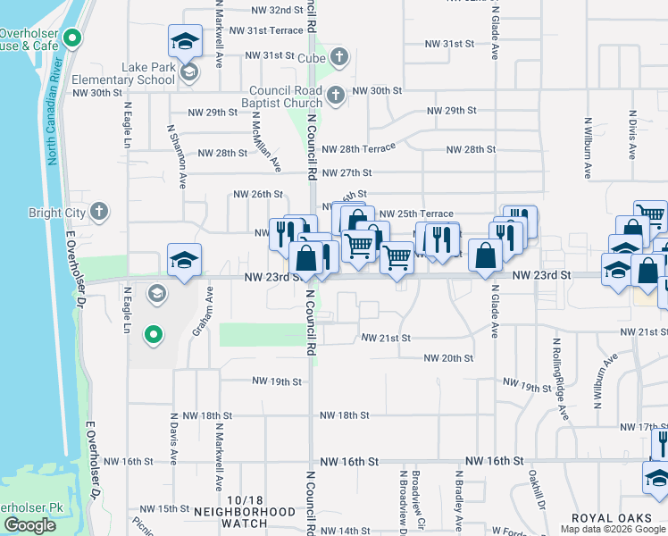 map of restaurants, bars, coffee shops, grocery stores, and more near 7959 Northwest 23rd Street in Bethany