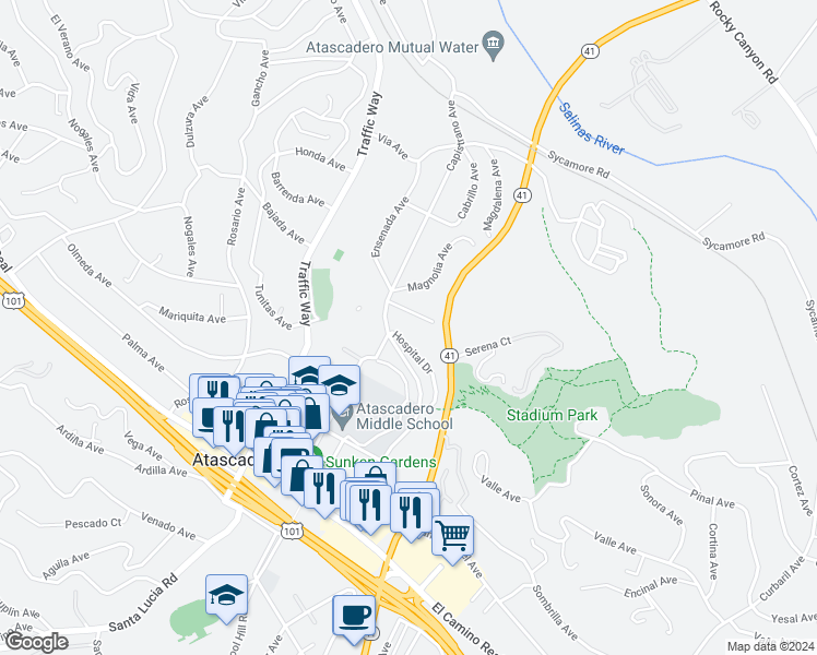 map of restaurants, bars, coffee shops, grocery stores, and more near 5525 Capistrano Avenue in Atascadero