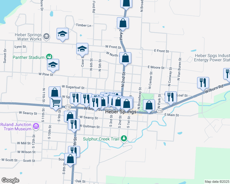 map of restaurants, bars, coffee shops, grocery stores, and more near 209 West Sugarloaf Street in Heber Springs