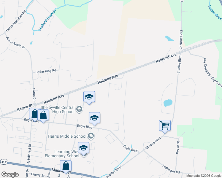 map of restaurants, bars, coffee shops, grocery stores, and more near 1622 Railroad Avenue in Shelbyville