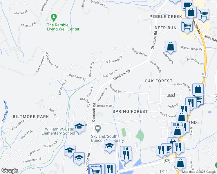 map of restaurants, bars, coffee shops, grocery stores, and more near 16 Oakwilde Drive in Asheville