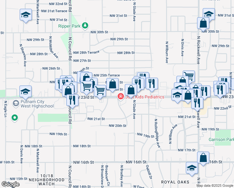 map of restaurants, bars, coffee shops, grocery stores, and more near 7616 Northwest 23rd Street in Bethany