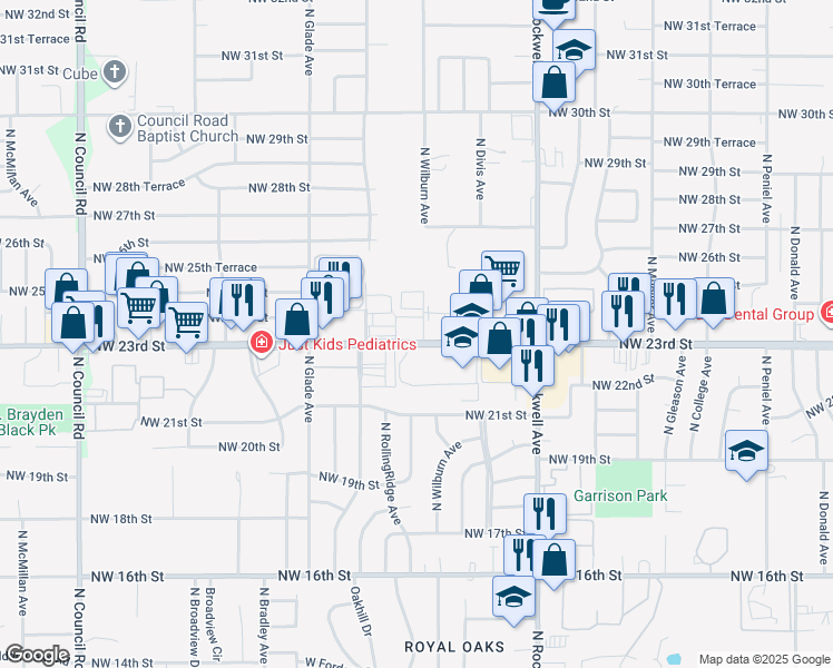 map of restaurants, bars, coffee shops, grocery stores, and more near 7303 Northwest 23rd Street in Bethany