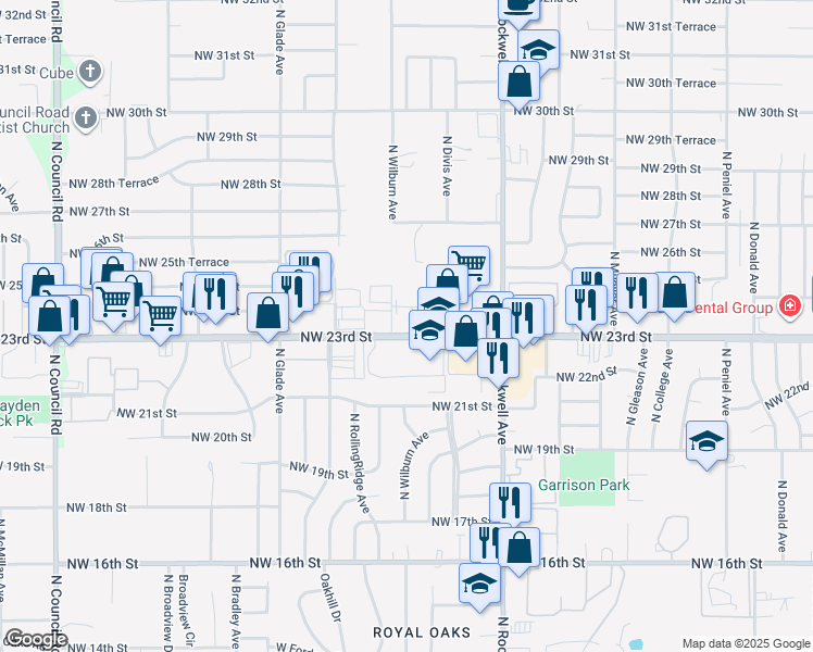 map of restaurants, bars, coffee shops, grocery stores, and more near 7303 Northwest 23rd Street in Bethany