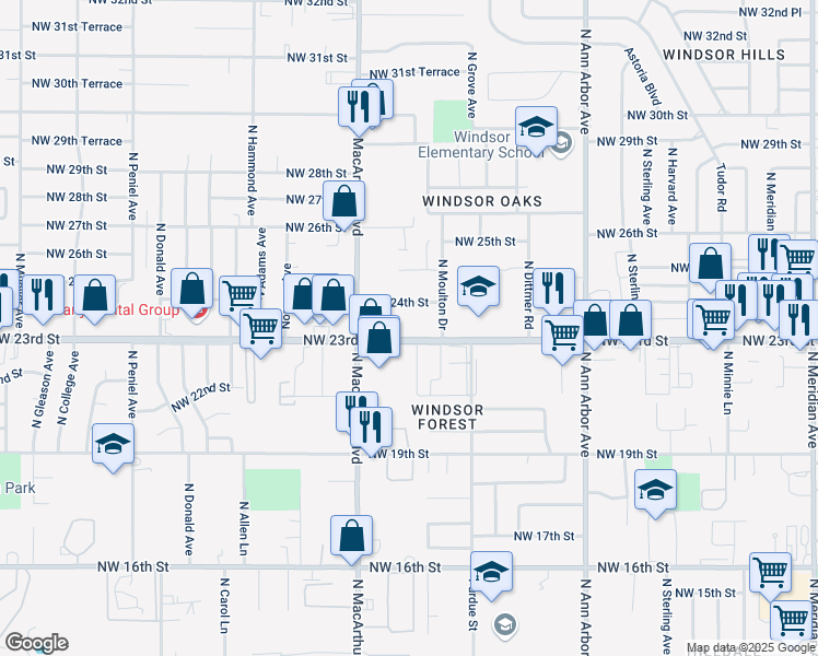 map of restaurants, bars, coffee shops, grocery stores, and more near 5700-5830 Northwest 23rd Street in Oklahoma City