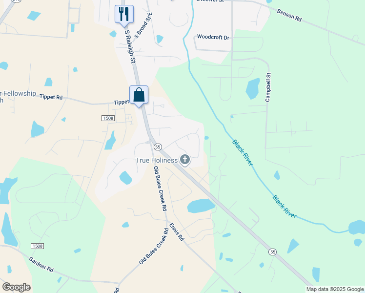 map of restaurants, bars, coffee shops, grocery stores, and more near 450 Cambridge Drive in Angier