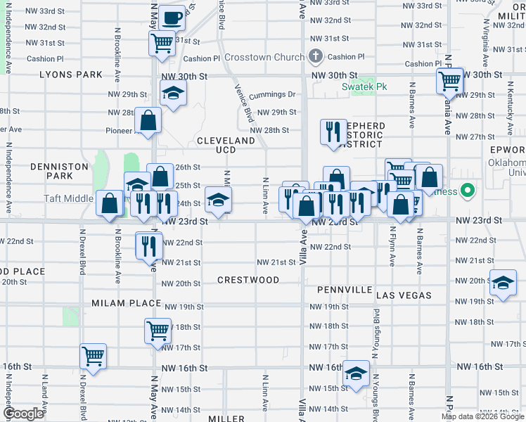 map of restaurants, bars, coffee shops, grocery stores, and more near 2540 Northwest 23rd Street in Oklahoma City