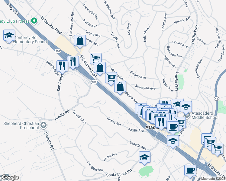 map of restaurants, bars, coffee shops, grocery stores, and more near 5227 El Camino Real in Atascadero