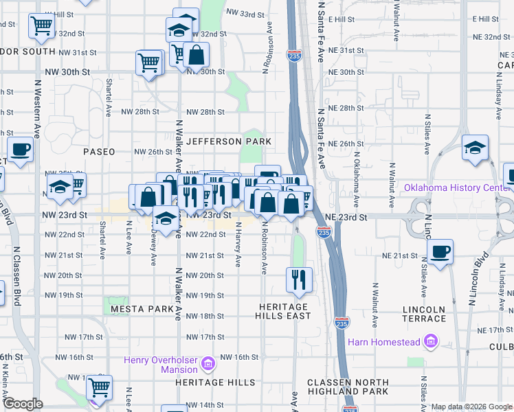 map of restaurants, bars, coffee shops, grocery stores, and more near 216 Northwest 23rd Street in Oklahoma City