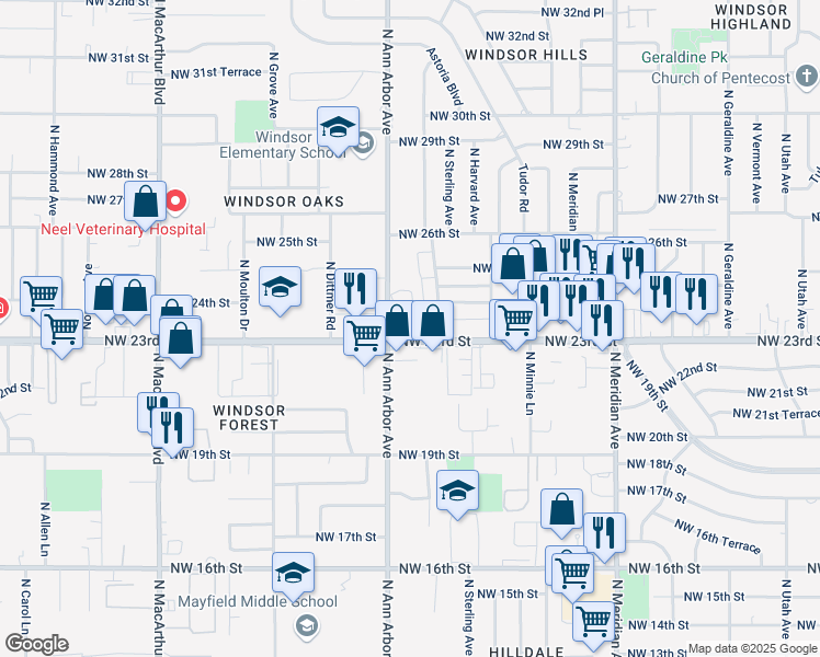 map of restaurants, bars, coffee shops, grocery stores, and more near 4838 Northwest 23rd Street in Oklahoma City