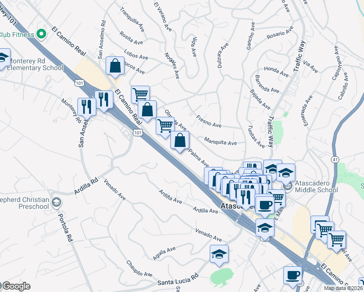 map of restaurants, bars, coffee shops, grocery stores, and more near 5200 Palma Avenue in Atascadero