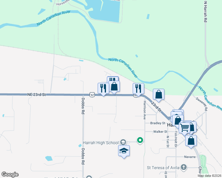 map of restaurants, bars, coffee shops, grocery stores, and more near 20213 Northeast 23rd Street in Harrah