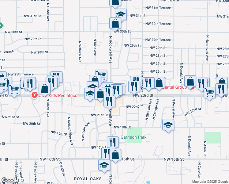 map of restaurants, bars, coffee shops, grocery stores, and more near 7104 Northwest 23rd Street in Bethany