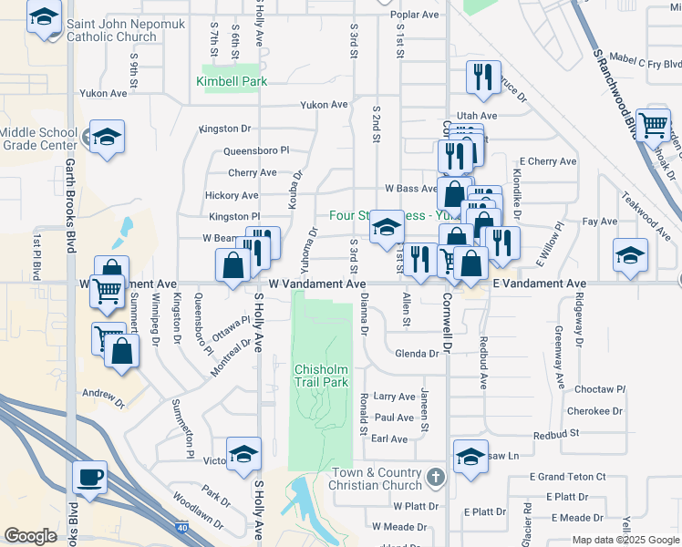 map of restaurants, bars, coffee shops, grocery stores, and more near 313 Willow Place in Yukon