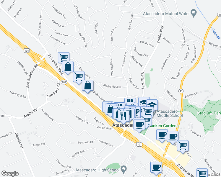 map of restaurants, bars, coffee shops, grocery stores, and more near 5356 Mariquita Avenue in Atascadero