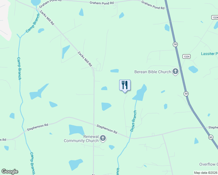 map of restaurants, bars, coffee shops, grocery stores, and more near 4988 Zacks Mill Road in Angier