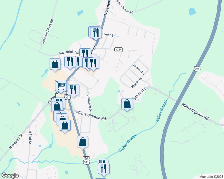 map of restaurants, bars, coffee shops, grocery stores, and more near 172 Shell St in Lincolnton