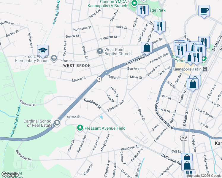 map of restaurants, bars, coffee shops, grocery stores, and more near 923 Haley Street in Kannapolis