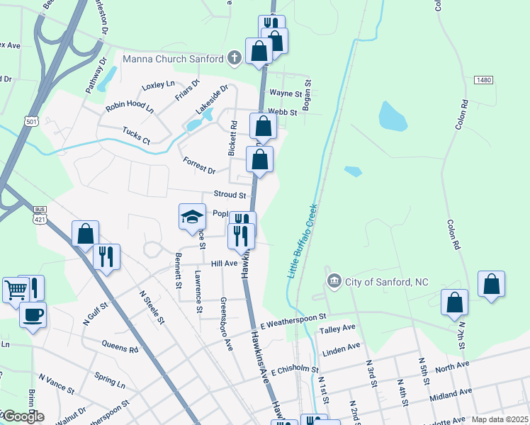 map of restaurants, bars, coffee shops, grocery stores, and more near 1102 Hawkins Avenue in Sanford