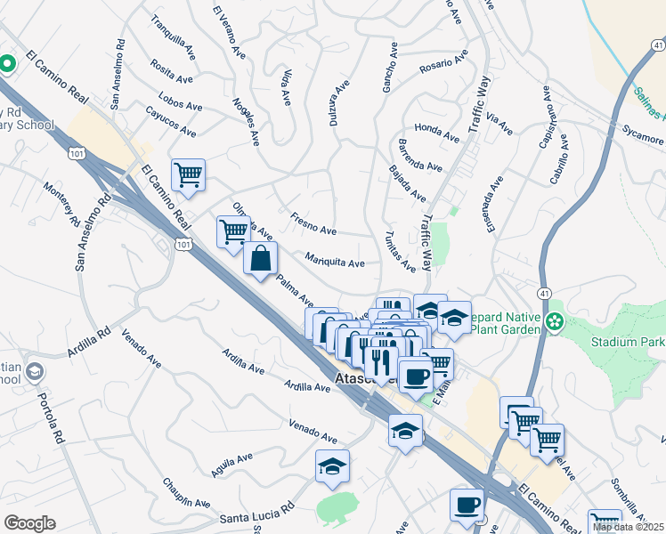 map of restaurants, bars, coffee shops, grocery stores, and more near 5415 Mariquita Avenue in Atascadero