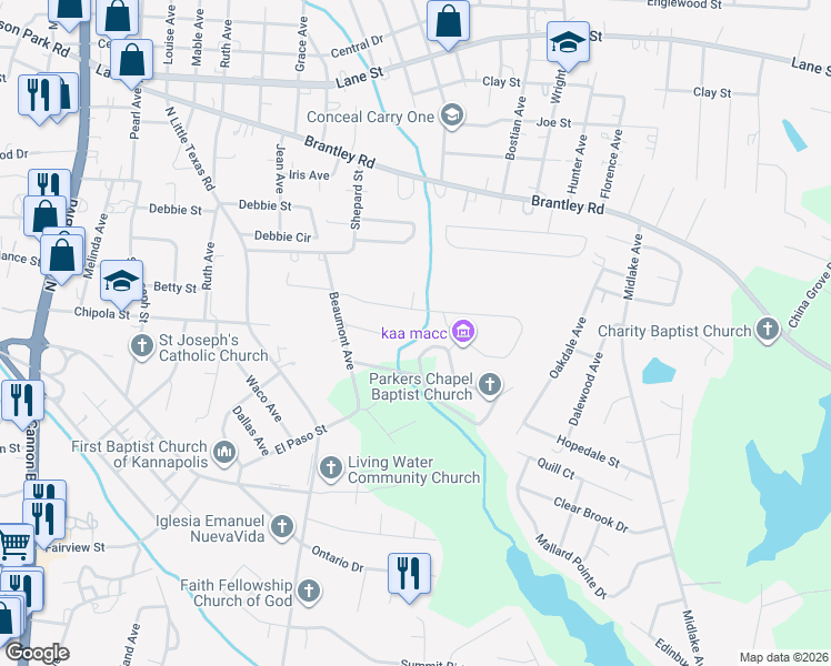 map of restaurants, bars, coffee shops, grocery stores, and more near 1516 Kingston Drive in Kannapolis