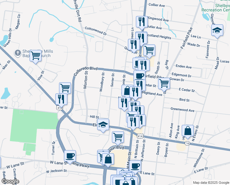 map of restaurants, bars, coffee shops, grocery stores, and more near 802 Sevier Street in Shelbyville