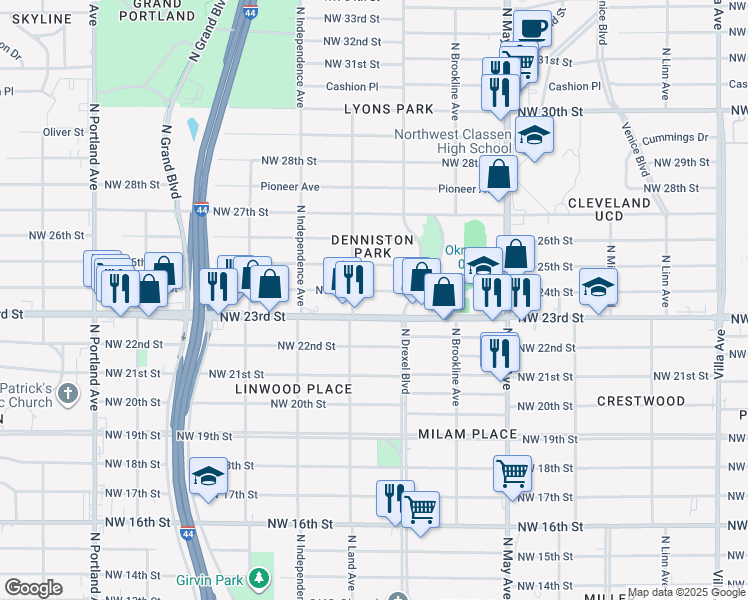 map of restaurants, bars, coffee shops, grocery stores, and more near 3161 Northwest 24th Street in Oklahoma City