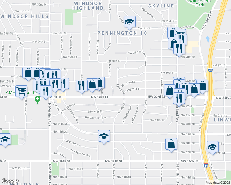 map of restaurants, bars, coffee shops, grocery stores, and more near 2600 Lyon Boulevard in Oklahoma City