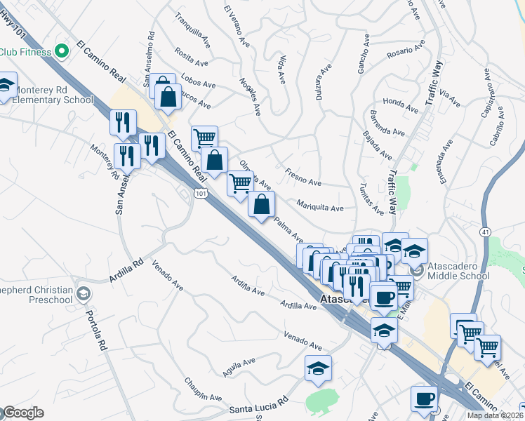 map of restaurants, bars, coffee shops, grocery stores, and more near 5200 Palma Avenue in Atascadero