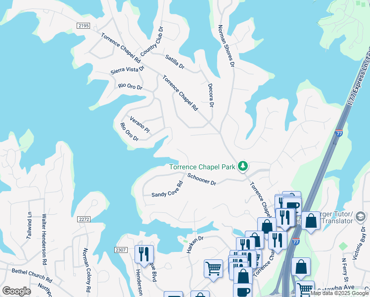 map of restaurants, bars, coffee shops, grocery stores, and more near 21514 Sandy Cove Road in Cornelius