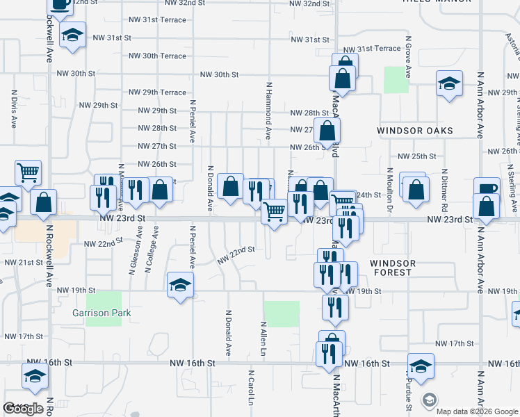 map of restaurants, bars, coffee shops, grocery stores, and more near 2404 North Reeves Avenue in Oklahoma City
