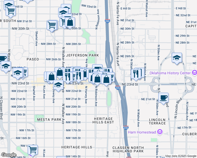 map of restaurants, bars, coffee shops, grocery stores, and more near in Oklahoma City