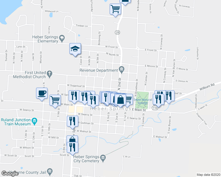 map of restaurants, bars, coffee shops, grocery stores, and more near West Sugar Loaf Street in Heber Springs