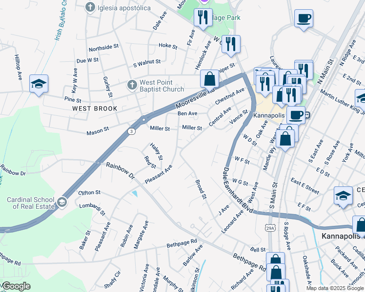 map of restaurants, bars, coffee shops, grocery stores, and more near 428 Central Avenue in Kannapolis