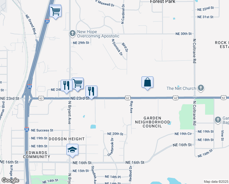 map of restaurants, bars, coffee shops, grocery stores, and more near 3031 Northeast 23rd Street in Forest Park
